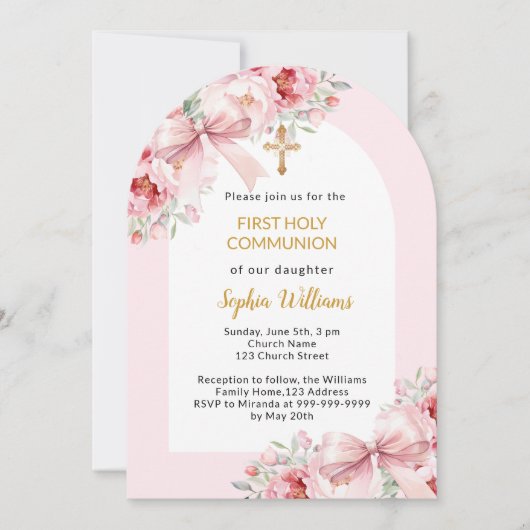 Invitation Fils roses arc arc fille première communion (Devant)