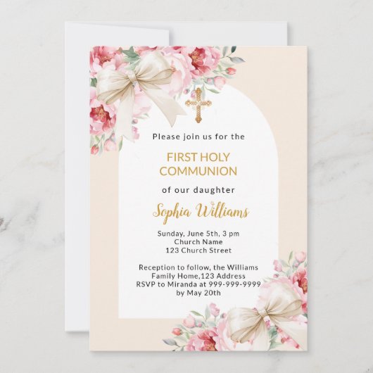Invitation Fils roses arc arc fille première communion (Devant)