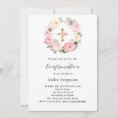 Invitation Fils roses couronnes croix fille Confirmation (Devant)