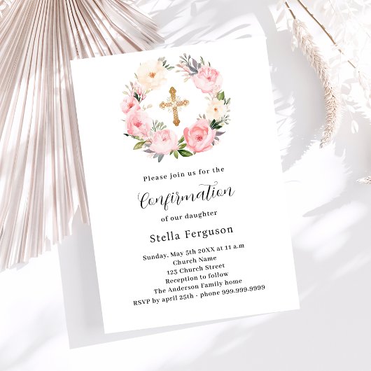 Invitation Fils roses couronnes croix fille Confirmation