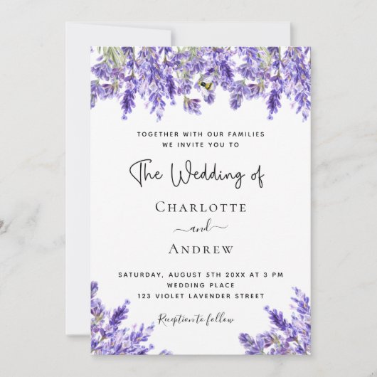 Invitation Fils violet lavande QR RSVP détails mariage (Devant)