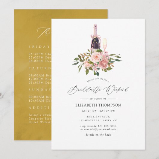 Invitation Fin de semaine Blush et Gold Floral Bachelorette (Devant / Derrière)