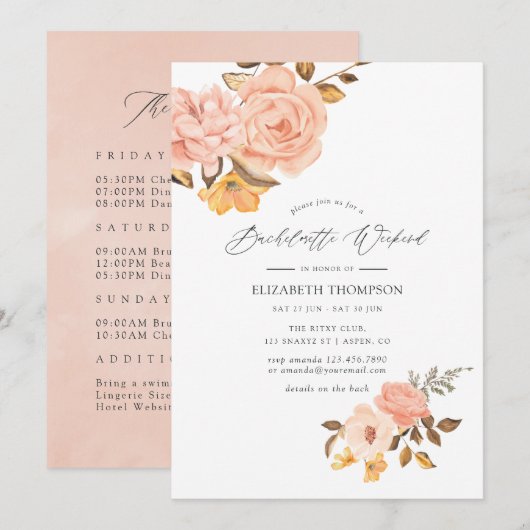 Invitation Fin de semaine Blush Pink and Gold Floral Bachelor (Devant / Derrière)