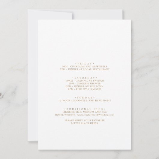 Invitation Fin de semaine de bachelorette en calligraphie or (Dos)