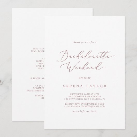 Invitation Fin de semaine de bachelorette Rose Delicy Gold (Devant / Derrière)