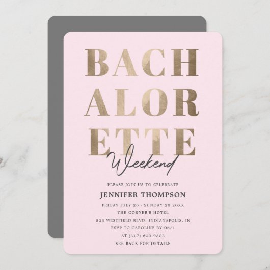 Invitation Fin de semaine de la licence moderne Blush & Gold (Devant / Derrière)