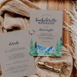 Invitation Fin de semaine Rustic Mountain Bachelorette avec d<br><div class="desc">Ce week-end de bachelorette en montagne rustique avec invitation détaillée est parfait pour un événement en plein air. Le design présente un paysage sauvage peint en bleu et vert avec des pins d'aquarelle, des oiseaux et des montagnes sur un arrière - plan en papier kraft léger. Veuillez noter que ceci...</div>