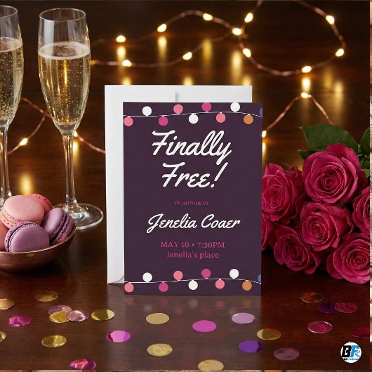 Invitation Finally Free String Lights Purple Divorce Party