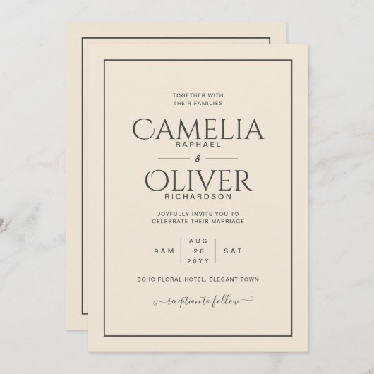 Invitation Finest crème beige clair Mariage MONOCHROME (Devant / Derrière)
