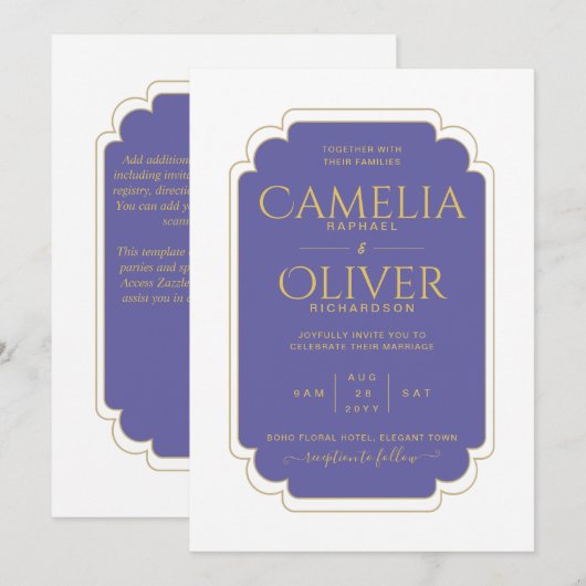 Invitation Finest Peri violet or Mariage MONOCHROME (Devant / Derrière)