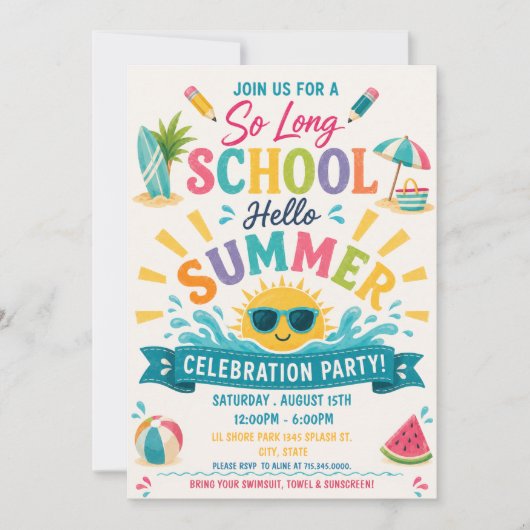 Invitation Fini l'école, vive la fête de l'été ! (Devant)