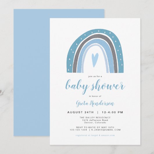 Invitation FINN | Baby shower arc-en-ciel en bleu de Bohême (Devant / Derrière)