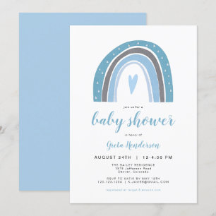 Invitation FINN   Baby shower arc-en-ciel en bleu de Bohême