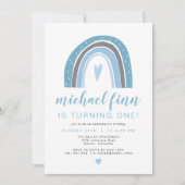 Invitation FINN | Dusty Blue Boho Rainbow Heart Boy Anniversa (Devant)