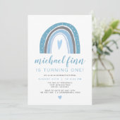 Invitation FINN | Dusty Blue Boho Rainbow Heart Boy Anniversa (Debout devant)