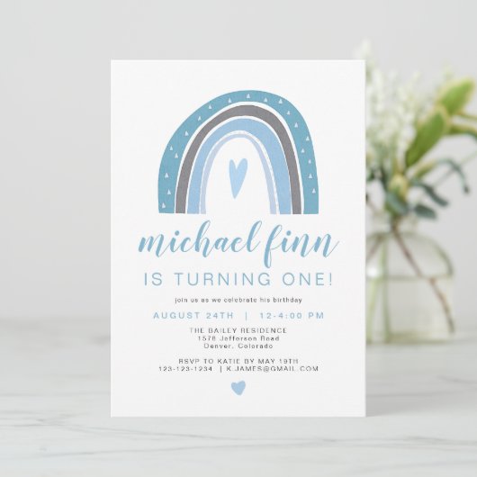 Invitation FINN | Dusty Blue Boho Rainbow Heart Boy Anniversa (Debout devant)