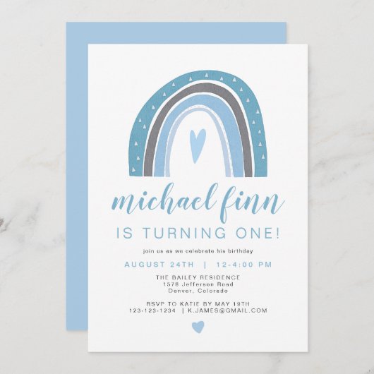 Invitation FINN | Dusty Blue Boho Rainbow Heart Boy Anniversa (Devant / Derrière)