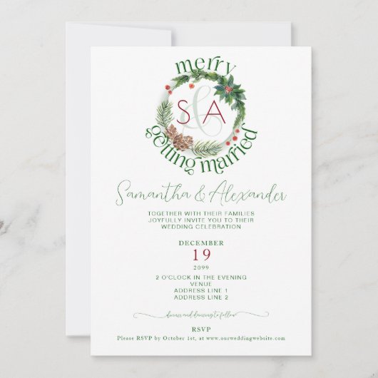 Invitation Fir Tree & Holly Wreath Noël Mariage à thème (Devant)
