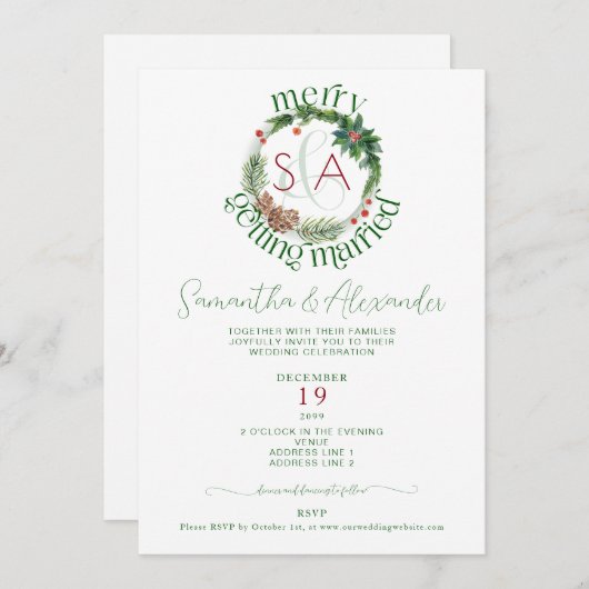 Invitation Fir Tree & Holly Wreath Noël Mariage à thème (Devant / Derrière)