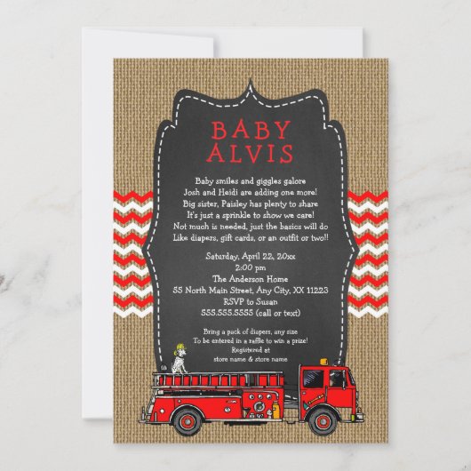 Invitation Fire Truck Baby Sprinking AVEC NOM garçon baby sho (Devant)