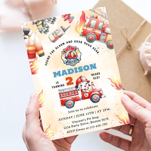 Invitation Fire Truck Fire Engine 2e fête d'anniversaire