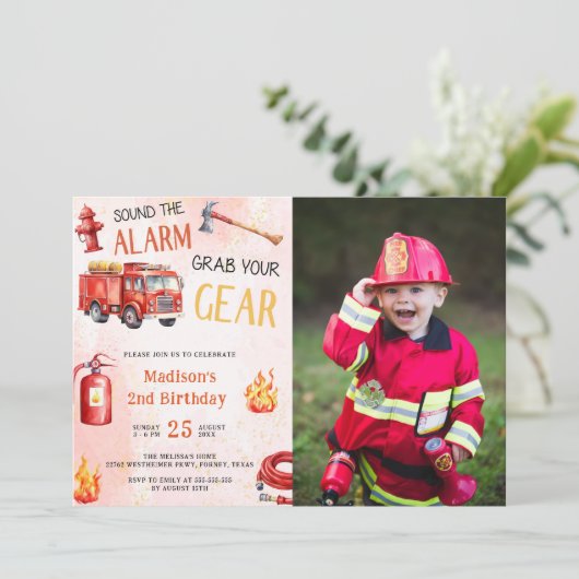 Invitation Fire Truck Fire Engine 2e fête d'anniversaire Phot (Debout devant)