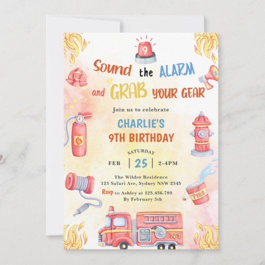 Invitation Fire Truck Fire Engine 9e fête d'anniversaire (Devant)