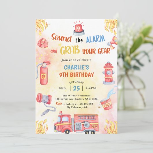 Invitation Fire Truck Fire Engine 9e fête d'anniversaire (Debout devant)