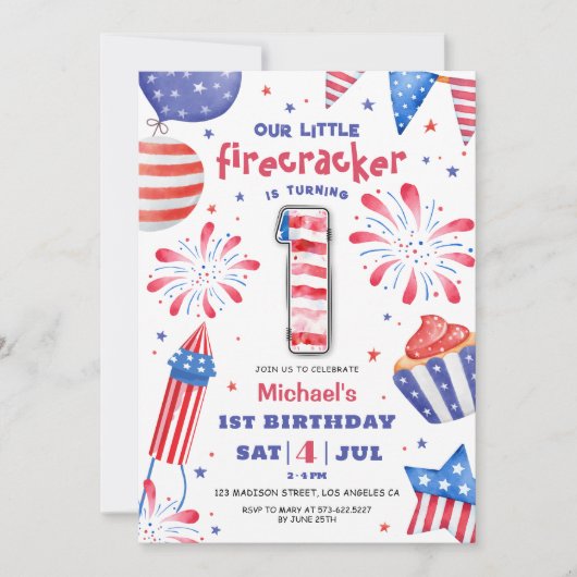 Invitation Firecracker 4 Juillet 1er Anniversaire Patriotique (Devant)