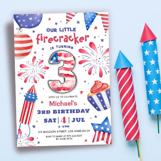 Invitation Firecracker 4 Juillet 3 Anniversaire Patriotic Cut