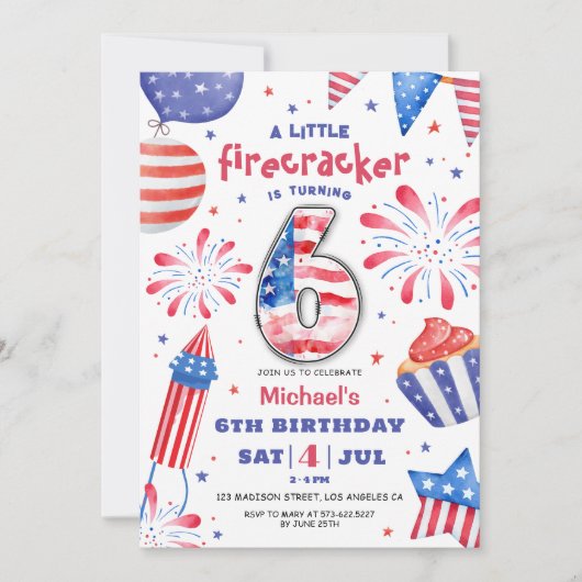 Invitation Firecracker 4 Juillet 6 Anniversaire Patriotic Cut (Devant)