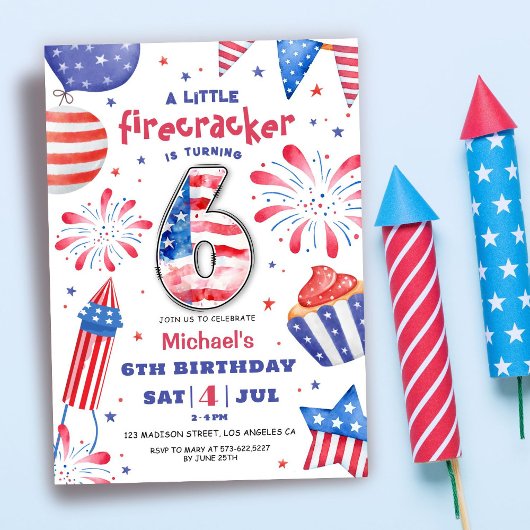 Invitation Firecracker 4 Juillet 6 Anniversaire Patriotic Cut
