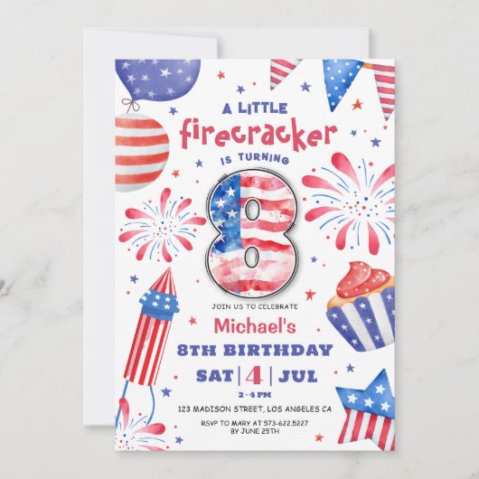 Invitation Firecracker 4 Juillet 8 Anniversaire Patriotic Cut (Devant)
