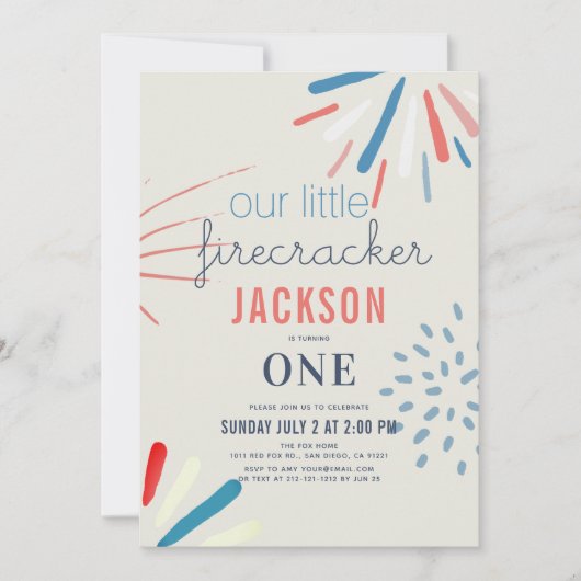 Invitation Firecracker 4 juillet Fireworks 1er anniversaire (Devant)