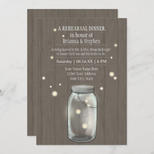 Invitation Firefly Mason Jar Rustic Country Rehearer Dîner (Devant / Derrière)