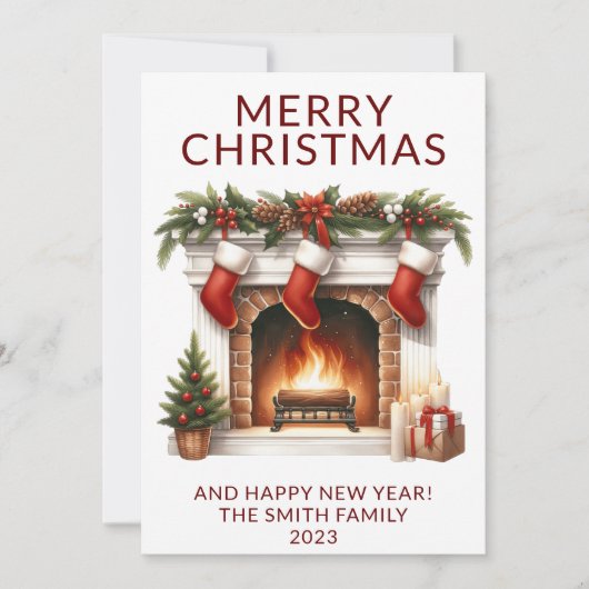 Invitation Fireplace Stockings Red Holiday Card (Devant)