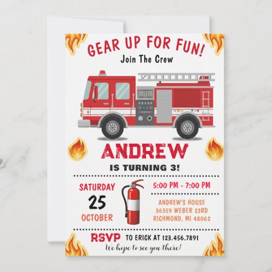 Invitation Firetruck Birthday Party for boy (Devant)