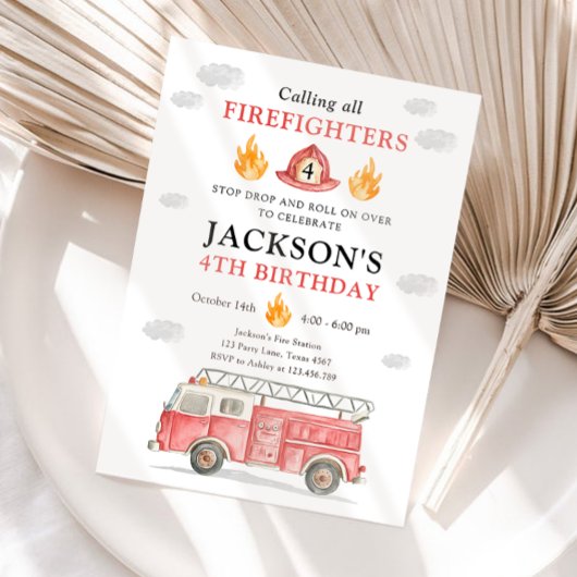 Invitation Firetruck Calling All Firefigthers Boy Birthday