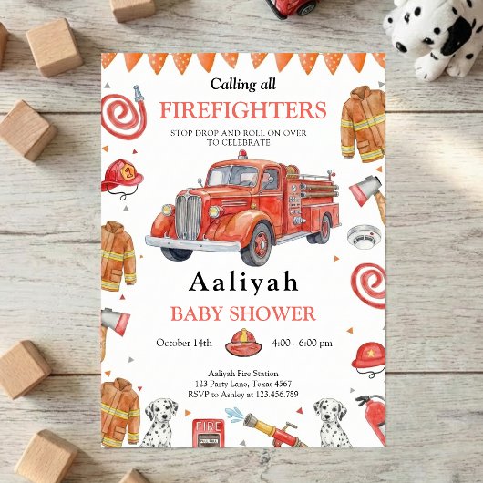 Invitation firetruck party firefighter vehicle baby shower
