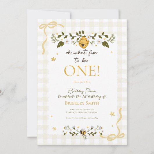 Invitation First 1st Birthday Honey Bee Gingham Bows (Devant)