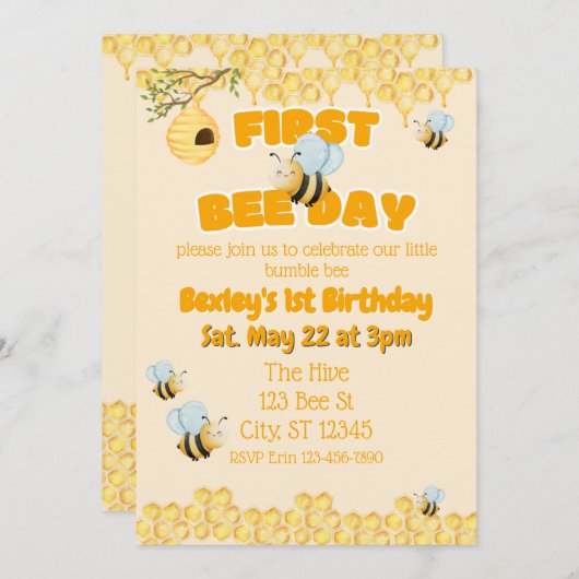 Invitation First Bee Day, Bumble Bee 1st Birthday (Devant / Derrière)