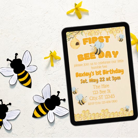 Invitation First Bee Day, Bumble Bee 1st Birthday
