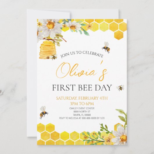 Invitation First Bee Day Floral Honey Bee 1st Birthday Party (Devant)