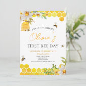 Invitation First Bee Day Floral Honey Bee 1st Birthday Party (Debout devant)