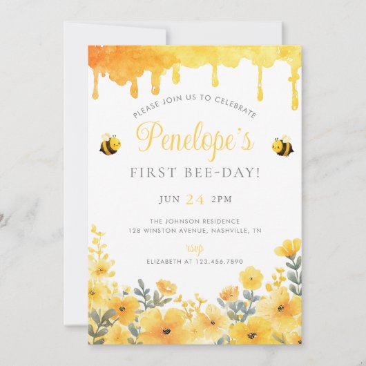 Invitation First Bee Day Yellow Wildflowers 1st Birthday (Devant)