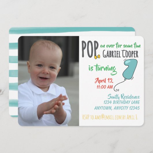 Invitation First Birthday Balloon Graphic Colorful Boy (Devant / Derrière)