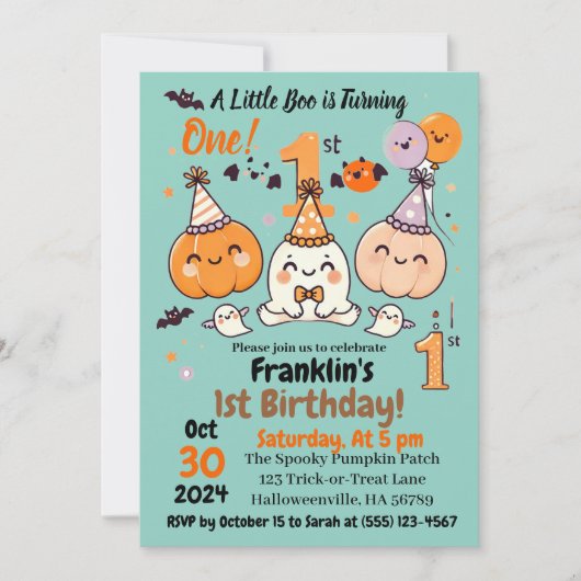 Invitation First Birthday Halloween Pumpkin Ghost Party (Devant)
