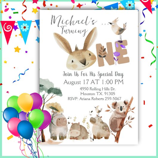 Invitation First Birthday Watercolor Safari Animals