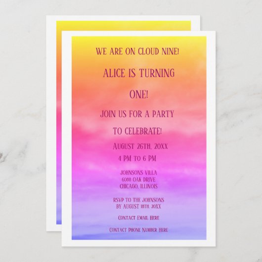 Invitation First Cloud Nine Birthday Party 1st Pink Colorful (Devant / Derrière)