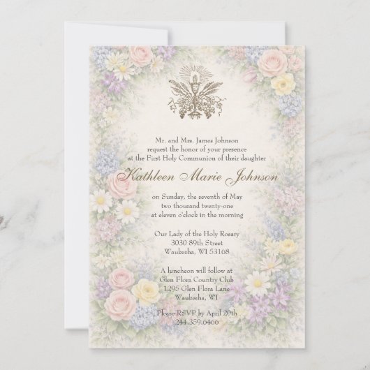 Invitation First Communion Chalice Host Floral  (Dos)